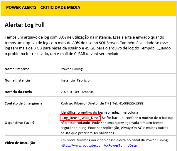 Log Full alert header in Power Alerts